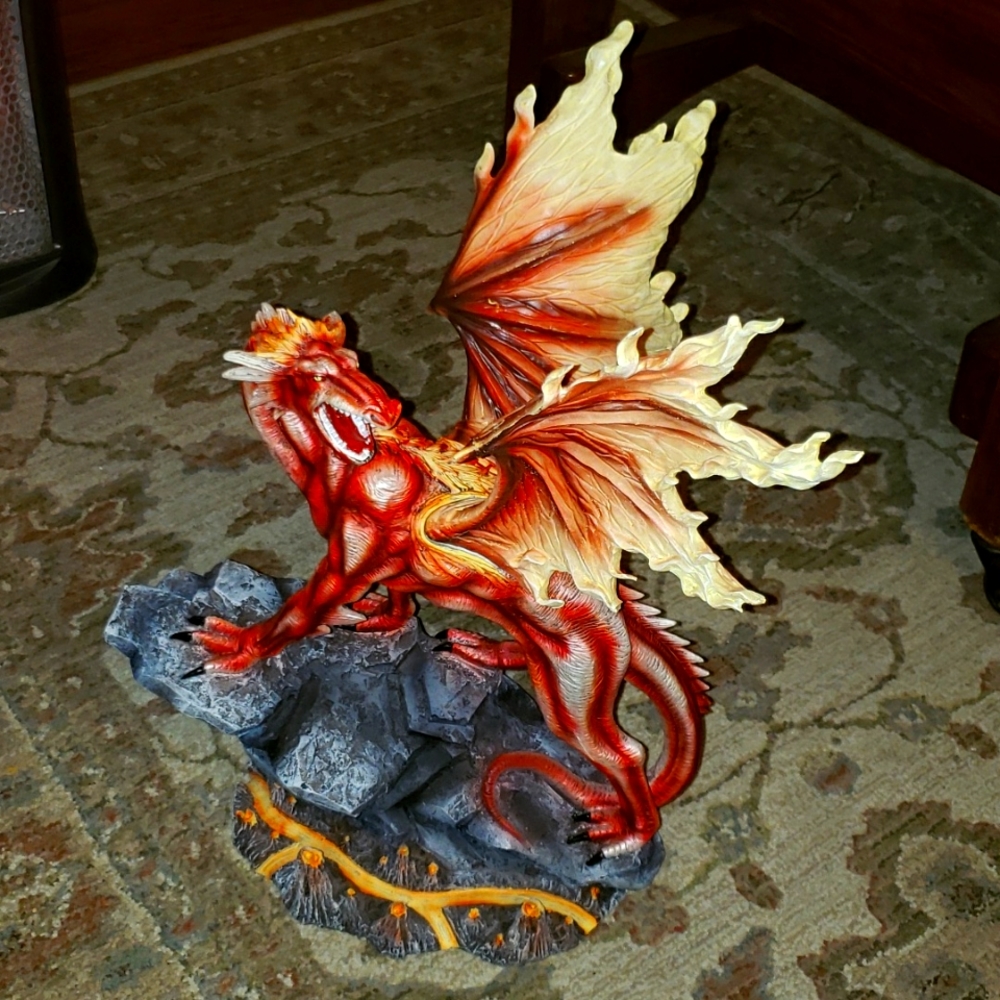 Large Red MAGMA Lava Smaug Dragon on volcanic rock statue